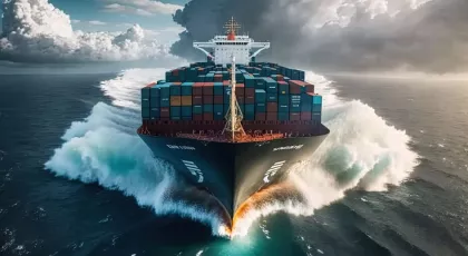 Large vessel with freight containers on it