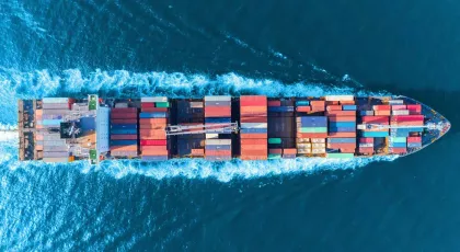 Overhead shot of freight ship.