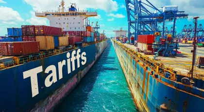 Large vessel in port with the word Tariff displayed across it in large letters