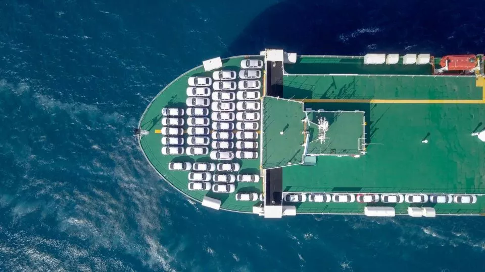 Overhead view of cars on a freight vessel 