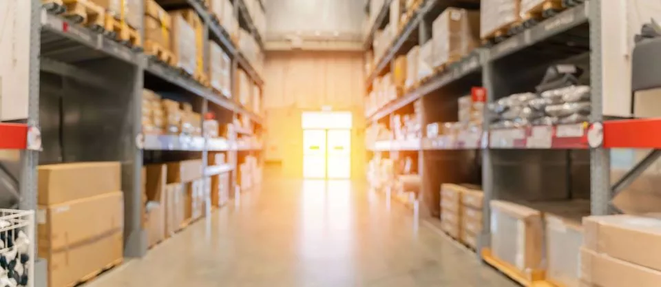 Warehouse with boxes stacked on shelves