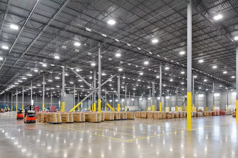 Inside a large warehouse