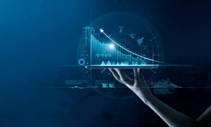 Graphic showing hand and tablet with numbers and graphs