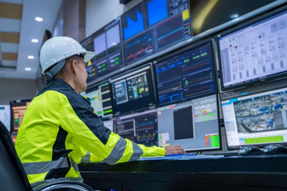 Employee working on multiple compter screens