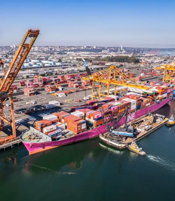 Pink cargo ship full of cargo containers